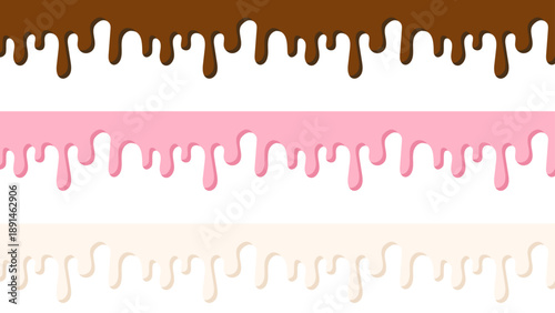 チョコレートとストロベリークリームがしたたる上部フレーム素材 / Dripping Chocolate and Strawberry Cream Top Border Vector