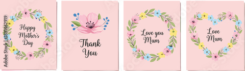 Set of Pink Happy Mother's Day Greeting Cards with Floral Wreath Heart Shape and Thank You Typography Elements Isolated on a White Background (Exactly 25 words)