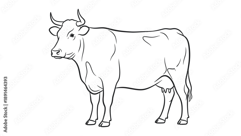 Fototapeta premium Cow Outline: A simple, elegant line drawing of a majestic cow standing in profile, capturing the essence of the bovine form with grace and precision.