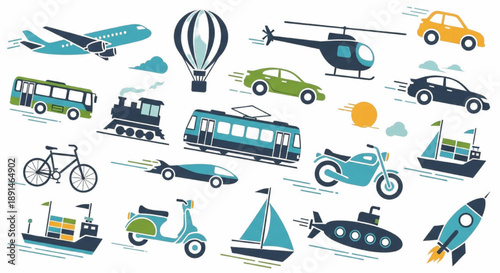 Diverse Vehicle Illustration Set with Cargo Ship Airplane and Urban Transit Icons