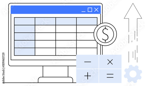 Financial planning, data analysis, business growth, investment management, budgeting, economic optimization. A computer screen with a spreadsheet, calculator and upward arrow. Financial planning
