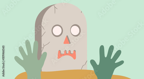 A cartoon character with a cracked mask and raised hands against a pastel background.