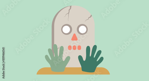 Cartoon illustration of a skull emerging from the ground with hands.