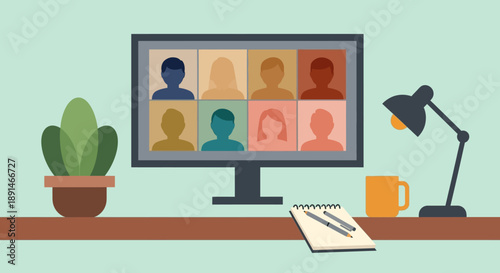 Remote team meeting on computer screen with office desk setup.