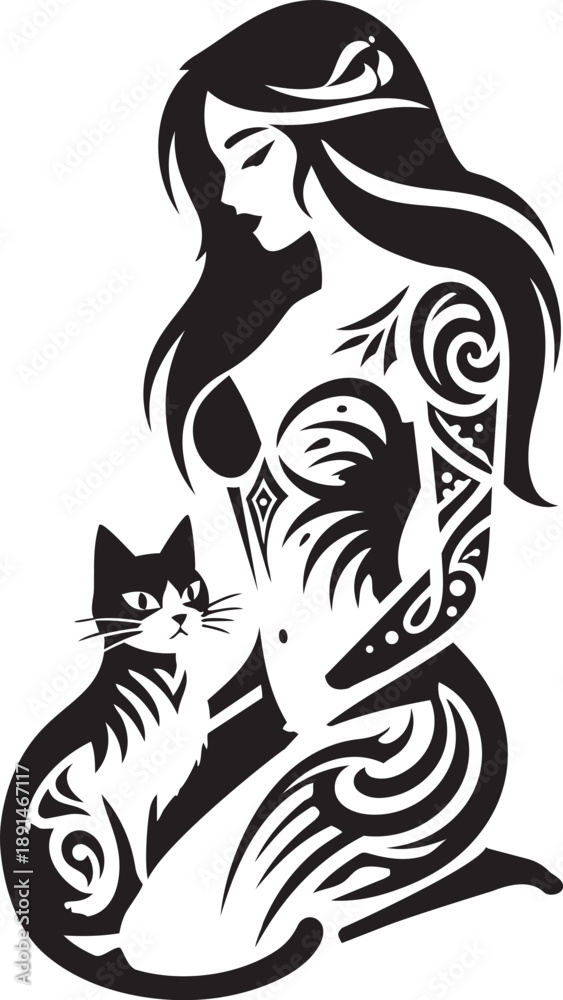 custom made wallpaper toronto digitalBlack Ink Tribal Woman and Cat. Tattoo Girl Shirt Design. Tattoo girl t-shirt or poster print design