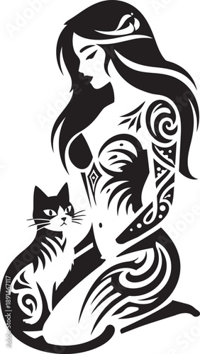 Wallpaper Mural Black Ink Tribal Woman and Cat. Tattoo Girl Shirt Design. Tattoo girl t-shirt or poster print design Torontodigital.ca