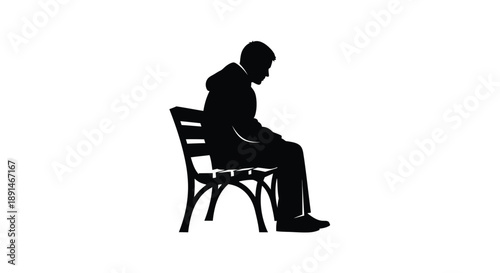 Silhouette of a person sitting alone on a park bench against a white background.