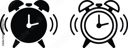Alarm Clock Ringing Icon Set in Black Silhouette and Outline Style