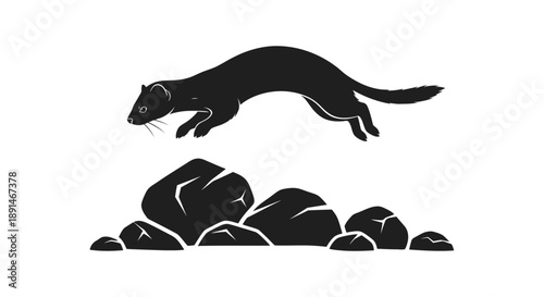 A black silhouette of a ferret leaping over rocks on a white background.