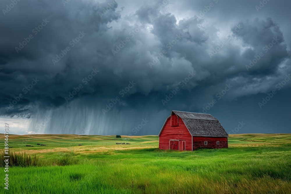 Fototapeta premium A red barn stands in a green prairie, with dramatic black storm clouds pouring down rain.