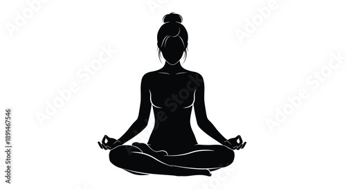 Silhouette of a person meditating in a lotus position against a white background.