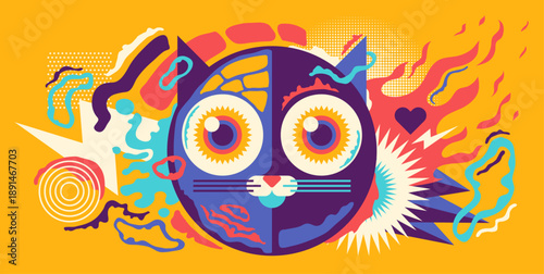 The conceptual illustration with a comic cat and a colorful abstract shapes. Vector illustration.