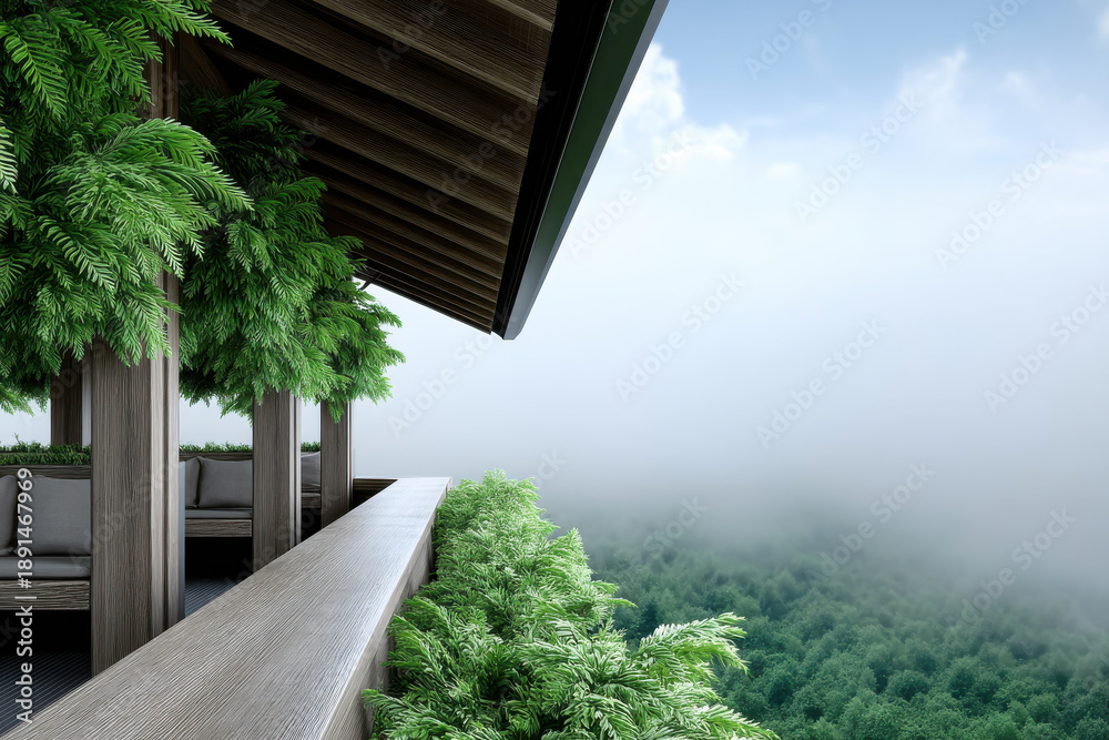 Naklejka premium Modern rooftop terrace wooden railing lush green plants outdoor seating misty forest view tranquil serene natural peaceful scenic