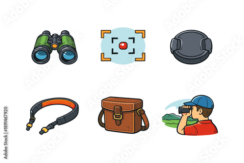 Outdoor exploration icons: binoculars, camera lens, and accessories in cartoon style