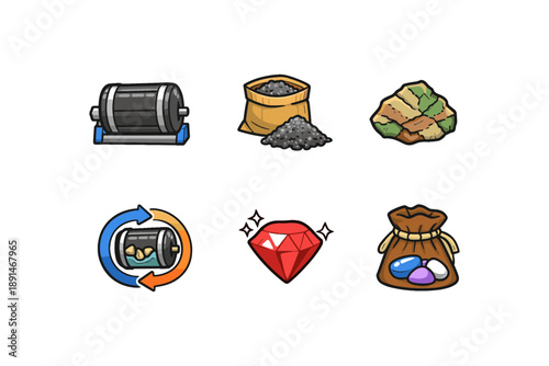 Gem mining process and tools icons: rock, gem, and jewel collection