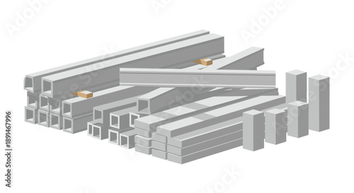Industrial stack of concrete construction beams and pillars ready for building infrastructure and urban development.