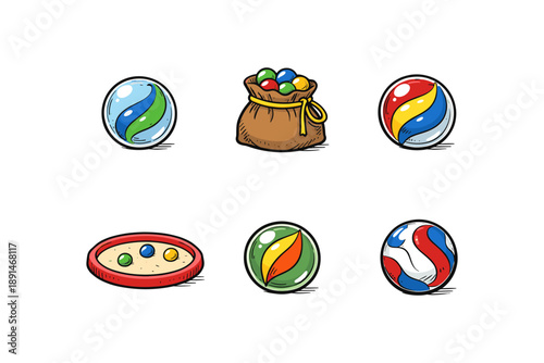 Vibrant collection of colorful marbles and pouch on white background