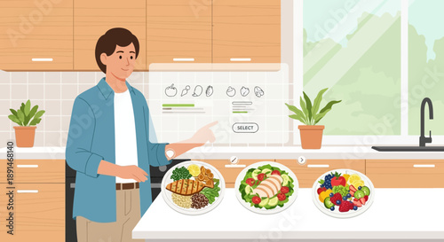 Man Choosing Healthy Meals in Kitchen with Digital Interface.