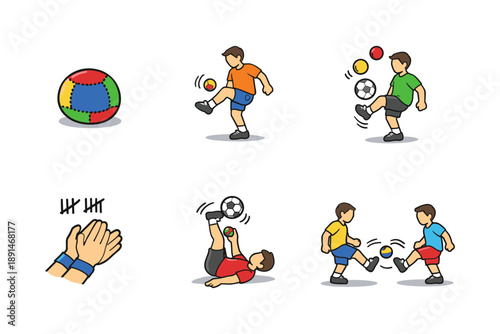Kids playing hacky sack and soccer with fun colorful ball and dynamic moves