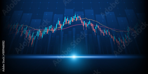Technology financial graph with uptrend technology bar chart of stock market on blue color background