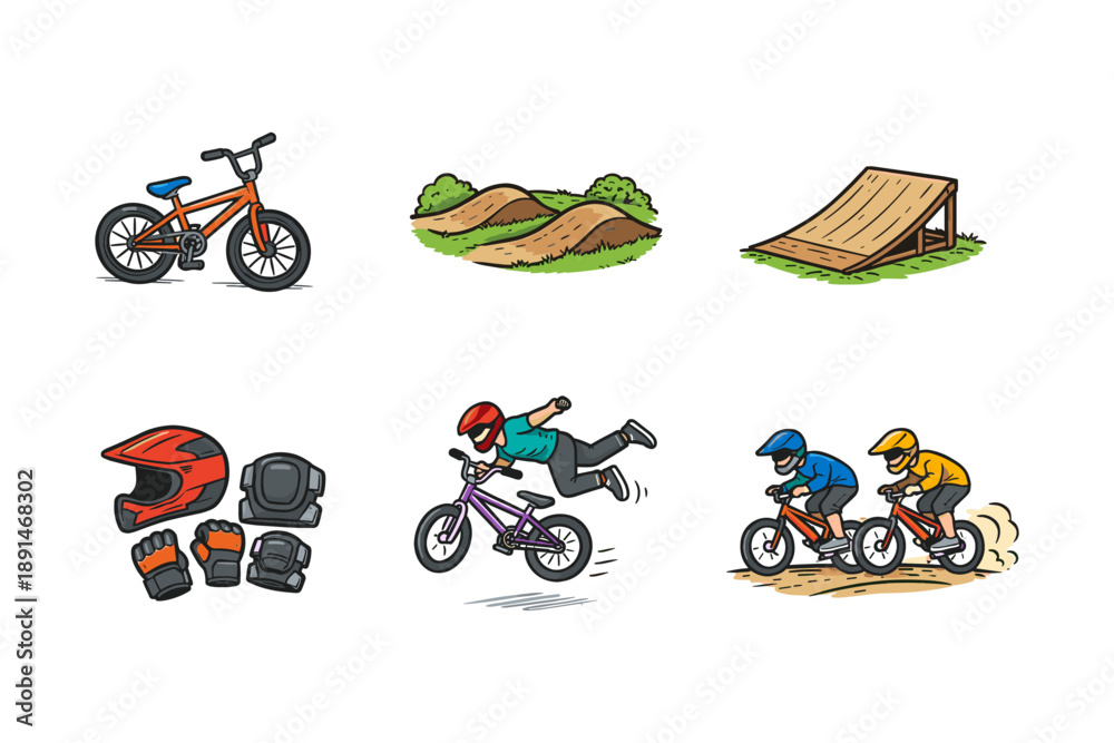 Fototapeta premium Bmx adventure set featuring equipment, tricks, and races for enthusiasts