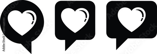 Hearing aid awareness icons in speech bubbles, heart symbol, communication and care concept, flat vector illustration, black and white