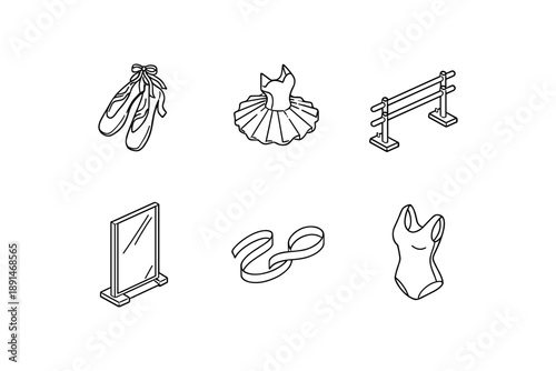 Minimalist dance elements: ballet icons including shoes, tutu, and barre