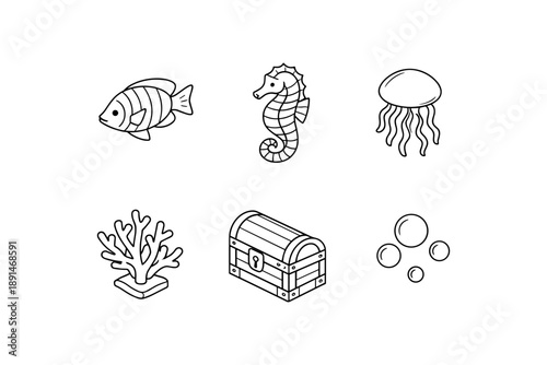 Marine life icons: fish, seahorse, jellyfish, coral, treasure chest, bubbles - minimalist black and white