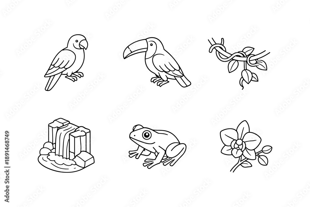 Fototapeta premium Outline wildlife and nature icons featuring birds, plants, and waterfall