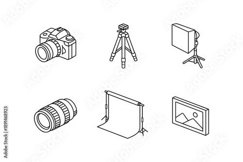 Photography equipment icons: camera, tripod, studio light, lens, backdrop