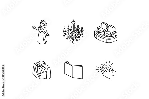 Classic opera icons set featuring singer, chandelier, seating, tuxedo, program, applause in minimalist style