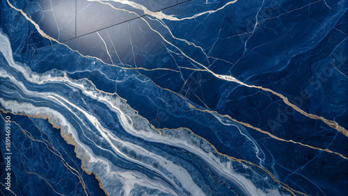 A stunning closeup of a blue marble surface with white and gold veins