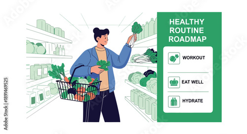 Person Shopping for Healthy Food with Routine Roadmap.