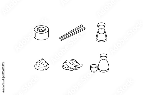 Minimalist japanese cuisine icons set featuring sushi, chopsticks, and soy sauce