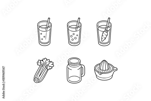 Refreshing juice glasses and ingredients: line art beverage set