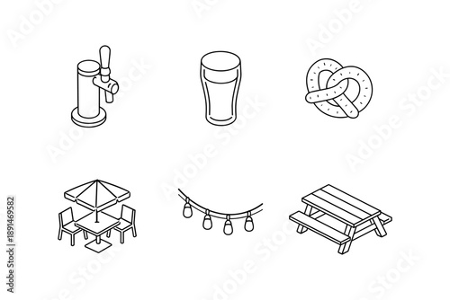 Outline beer garden essentials: tap, pint, pretzel, seating, lighting