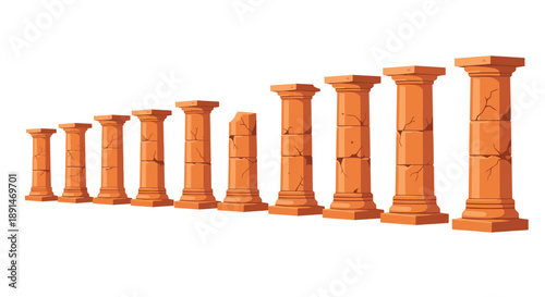 Sequence of weathered and cracked ancient stone pillars in varying heights, telling a story of time and history.