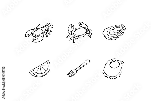 Minimalist seafood icons: lobster, crab, oyster, lemon, fork, bib outline