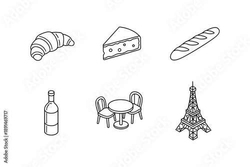Icon set featuring french cuisine and landmarks in linear style
