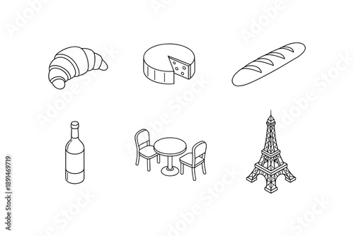 Parisian icons in minimalist linear art: croissant, cheese, wine, eiffel tower, cafe table, baguette