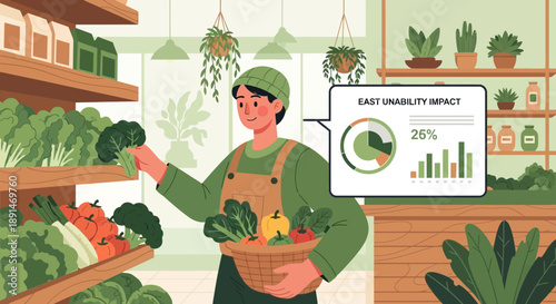 Sustainable Shopping Woman Choosing Vegetables with EcoFriendly Impact Data.