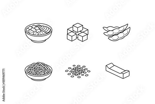 Minimalist black and white line icons of asian food items