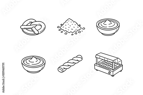 Isometric snack icons: pretzel, salt, mustard, twisted bread, counter display
