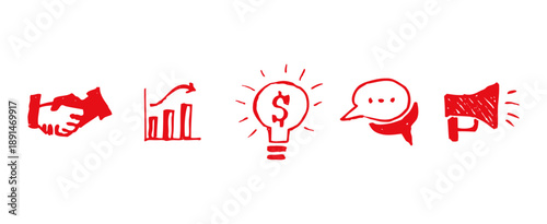 Doodle-style vector illustration set of three panels featuring diverse business-related icons and scenes, symbolizing corporate ideas, teamwork, planning, finance, and professional workflows in creati
