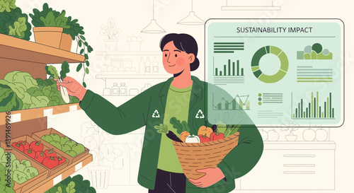 Woman Choosing Sustainable Produce with Sustainability Impact Displayed.