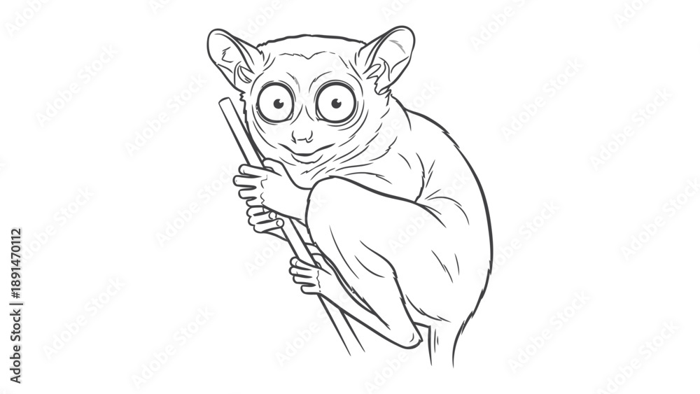 Obraz premium Tarsier in a Detailed Line Art: This captivating illustration showcases a tarsier clinging to a branch, presented in elegant, detailed line art.