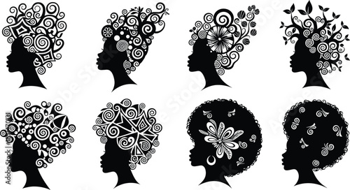 Black silhouettes of women's heads with decorative hair black silhouettes, women's heads, decorative hair, swirls, flowers, leaves, geometric shapes, white background, profile views, curly hair, strai