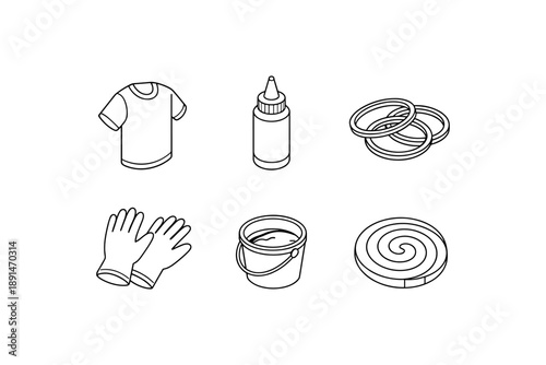 Camping essentials: line art icons of t-shirt, glue, bangles, gloves, bucket, and coil