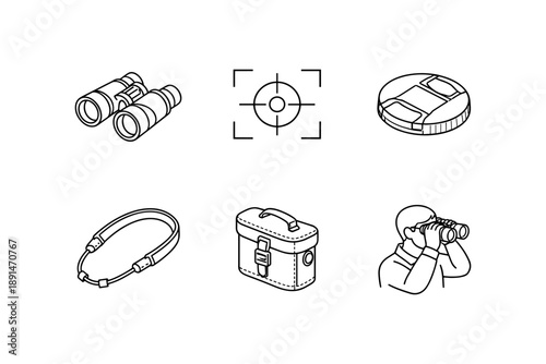 Outdoor gear outline icons: binoculars, target, compass, headlamp, case, observer