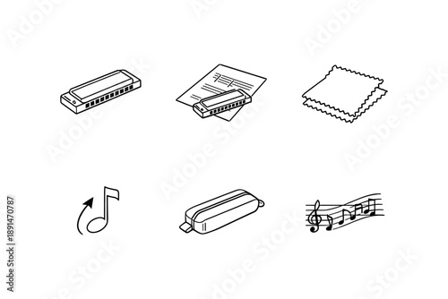 Minimalist harmonica icons set with musical notes and accessories